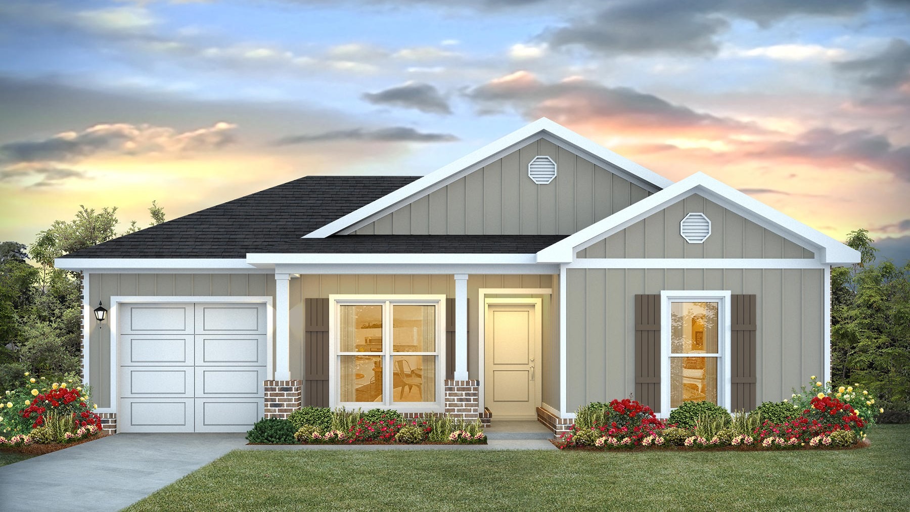 Single-story home with brick, windows, garage and driveway featuring the Sullivan 9T5 plan.