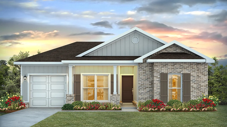 Single-story home with brick, windows, garage and driveway featuring the Sullivan 9U1 plan.