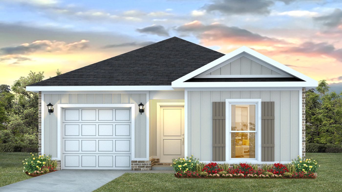 Single story plan with windows, porch light and garage featuring the Camilla A5 plan.