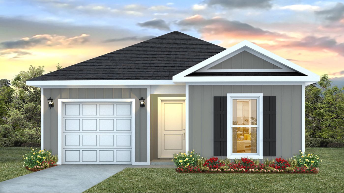 Single story plan with windows, porch light and garage featuring the Camilla A8 plan.