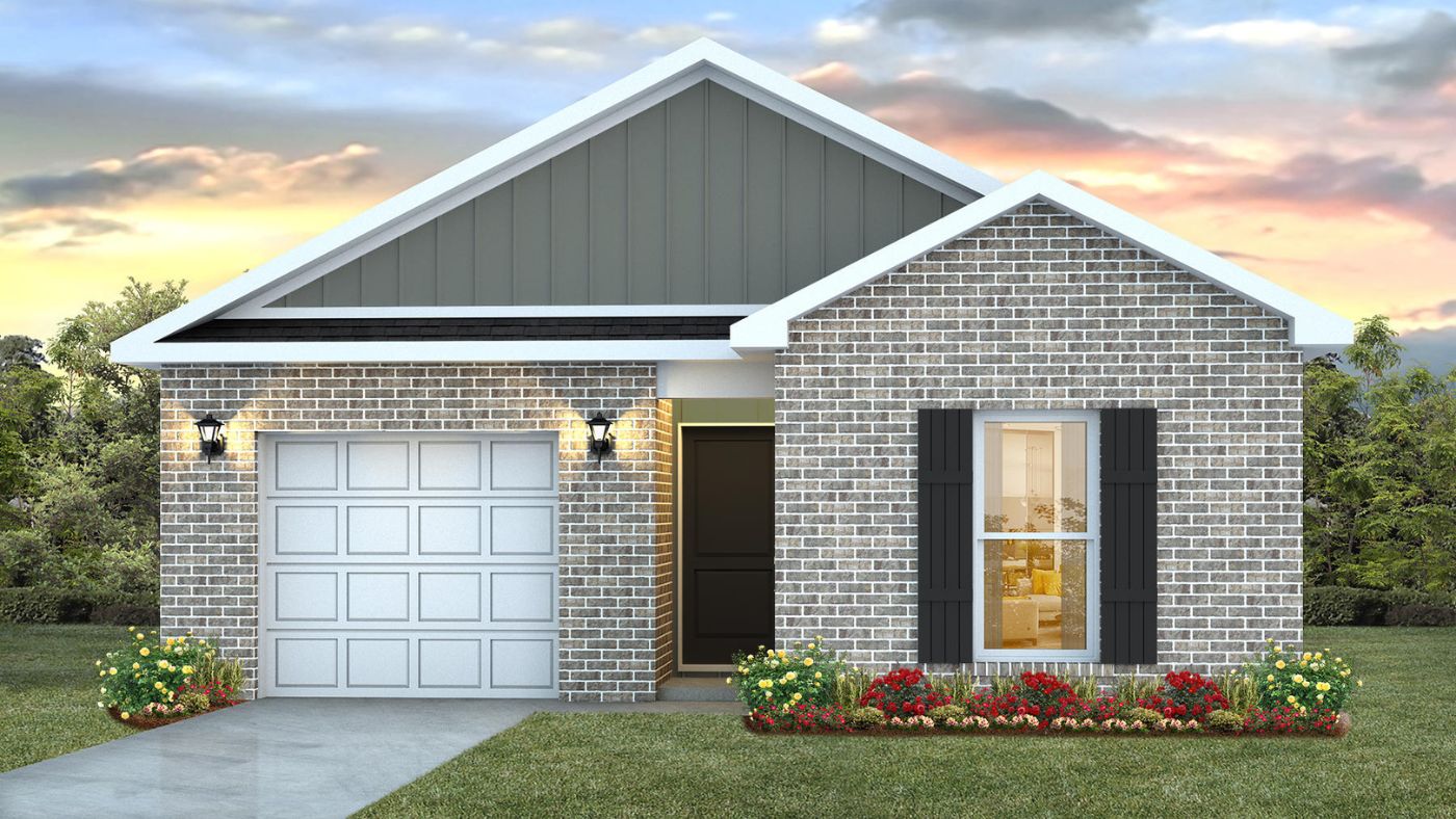 Single story plan with windows, porch light and garage featuring the Camilla B4 plan.
