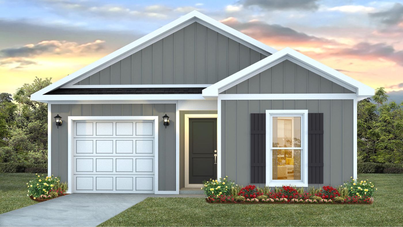 Single story plan with windows, porch light and garage featuring the Camilla B8 plan.