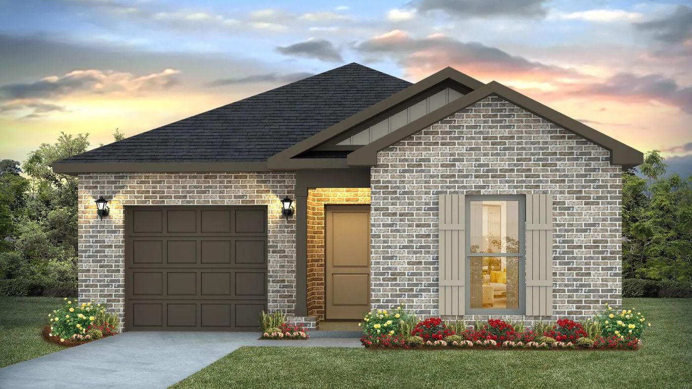 Single story plan with windows, porch light and garage featuring the Camilla C4 plan.