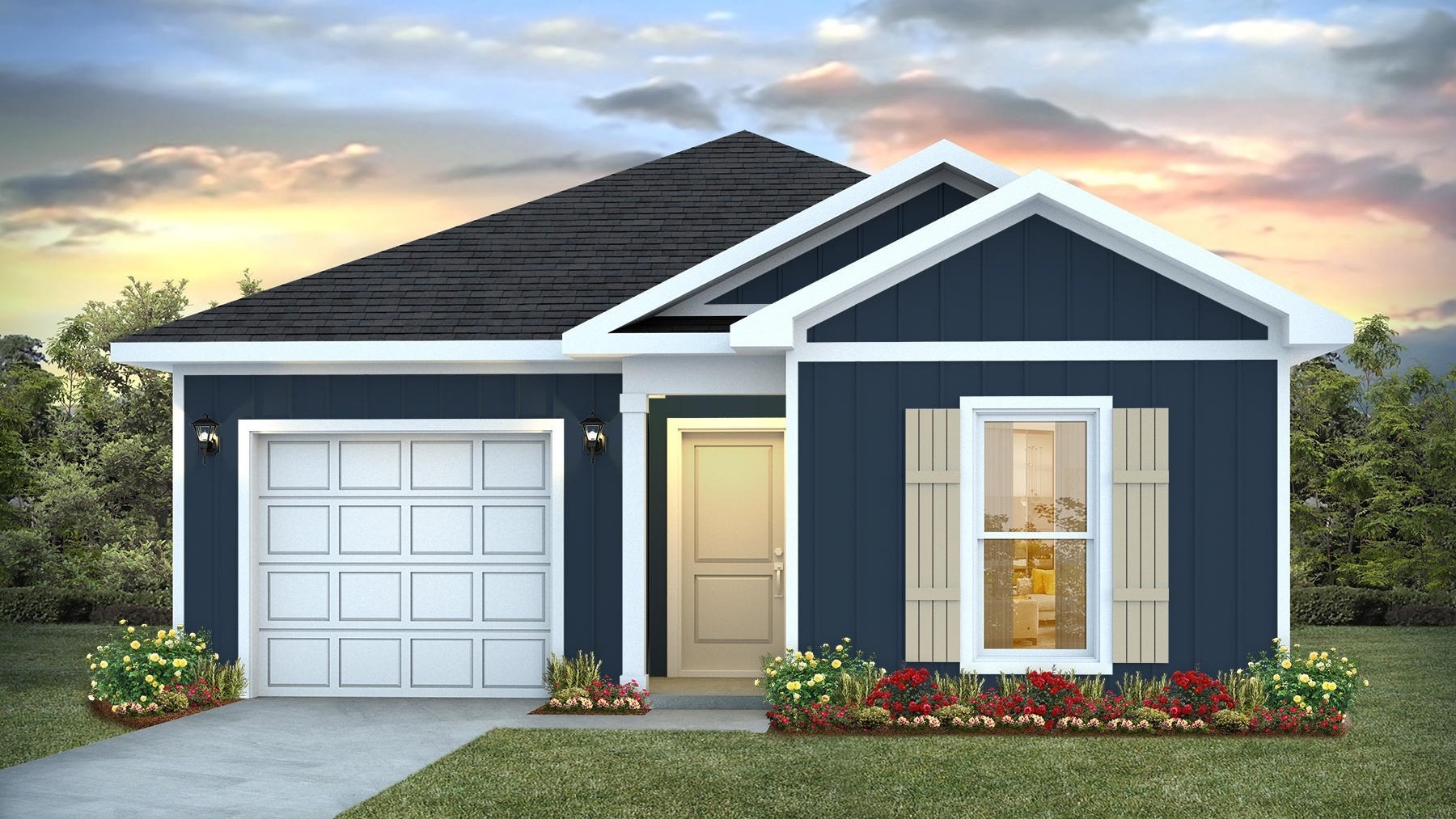 Single story plan with windows, porch light and garage featuring the Camilla C8 plan.