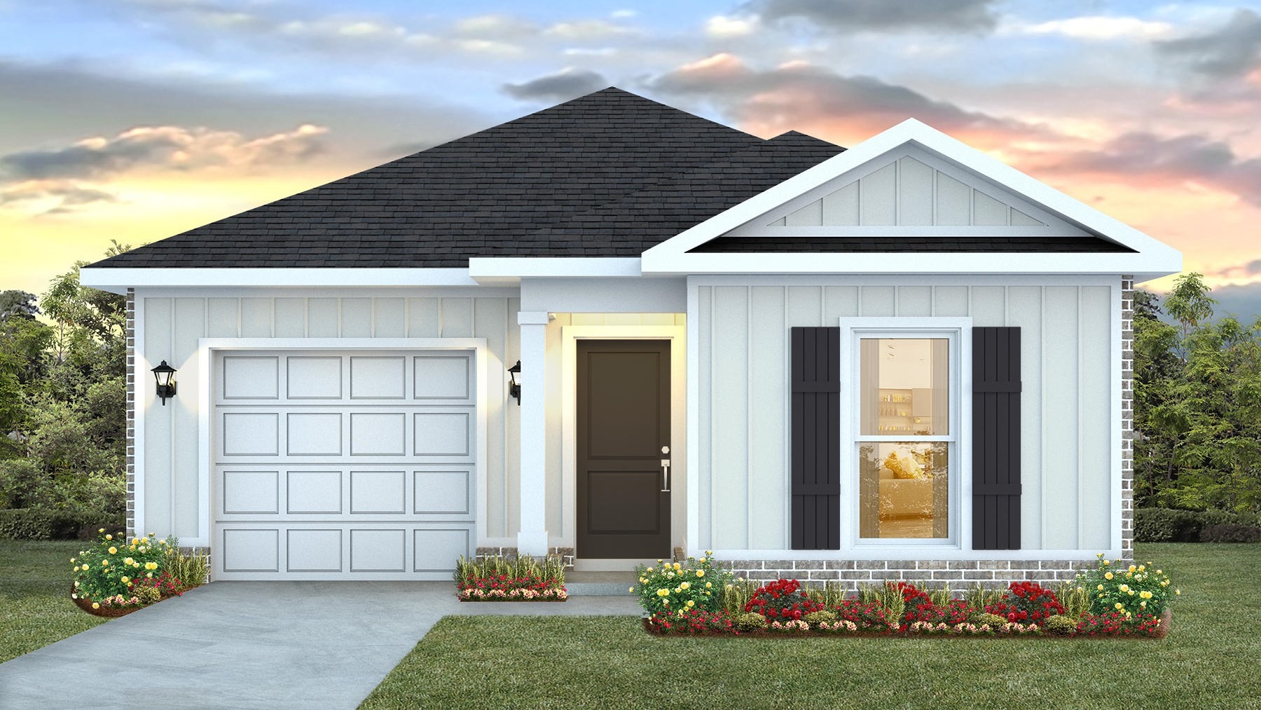Single story home with single car garage, window with shutters and driveway featuring the Delilah A5 plan.