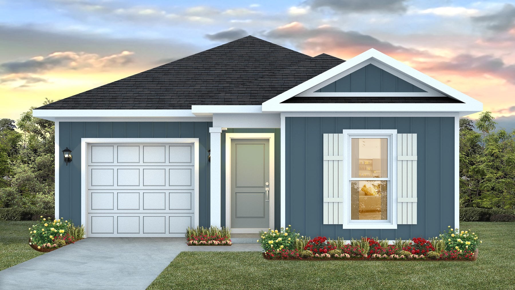 Single story home with single car garage, window with shutters and driveway featuring the Delilah A8 plan.