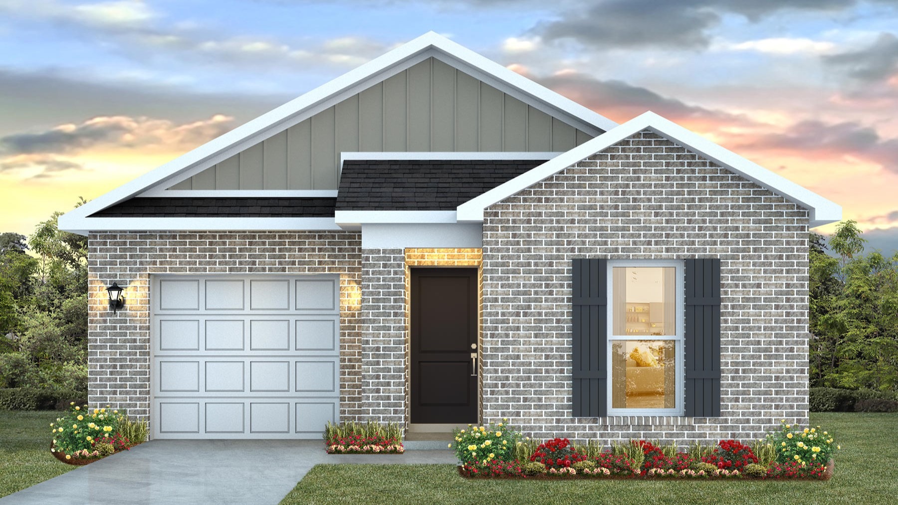 Single story home with single car garage, window with shutters and driveway featuring the Delilah B4 plan.