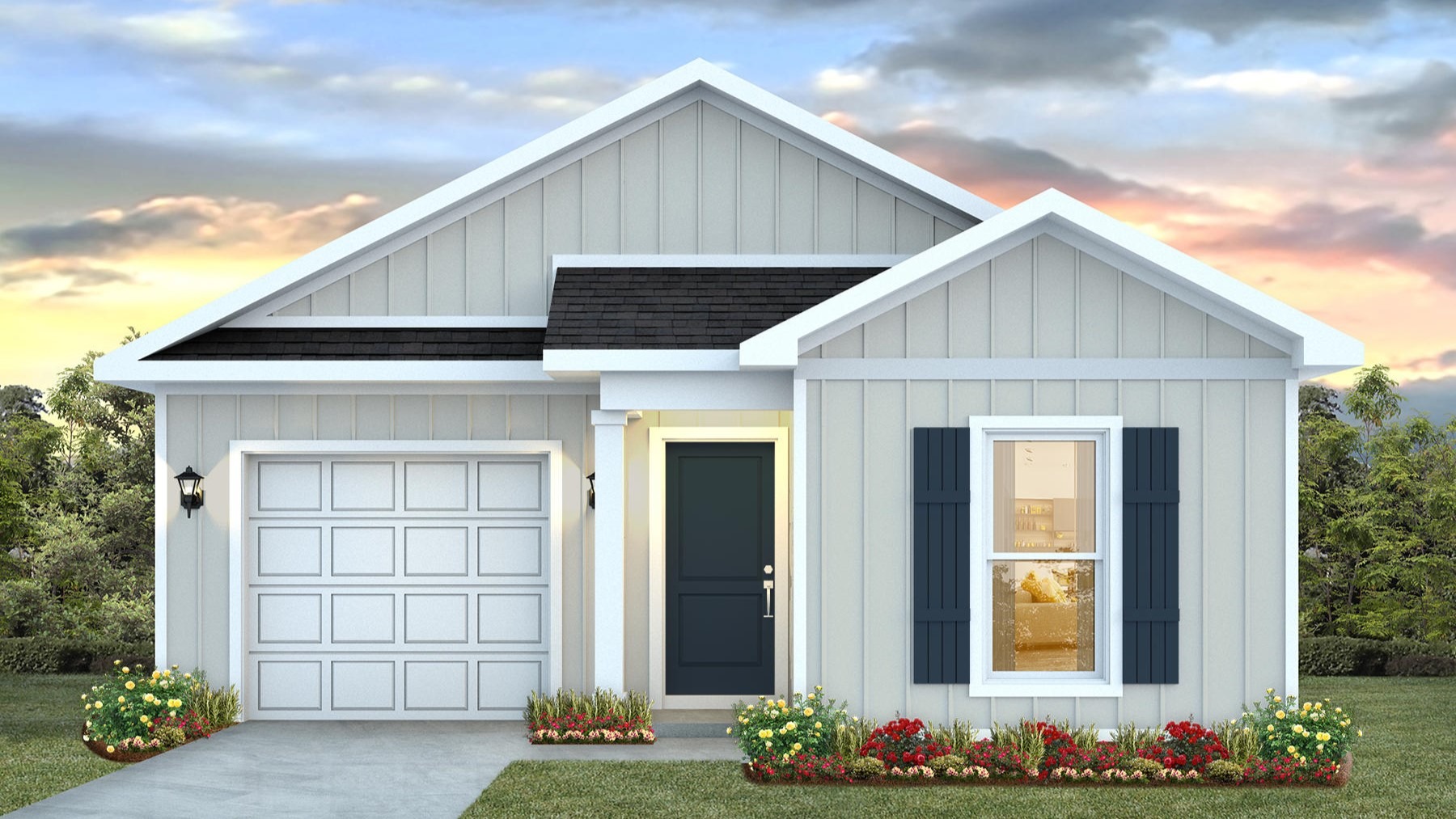 Single story home with single car garage, window with shutters and driveway featuring the Delilah B8 plan.