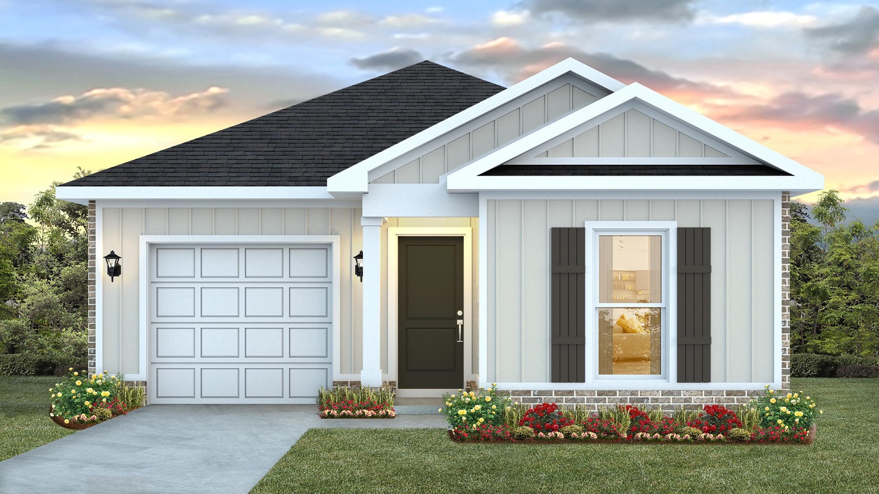 Single story home with single car garage, window with shutters and driveway featuring the Delilah C5 plan.