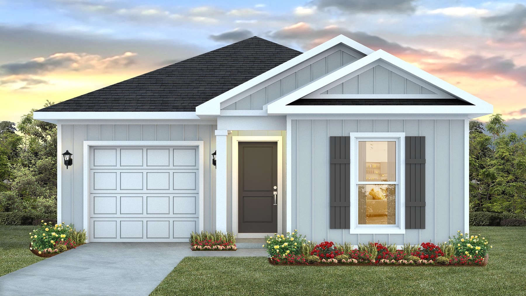 Single story home with single car garage, window with shutters and driveway featuring the Delilah C8 plan.