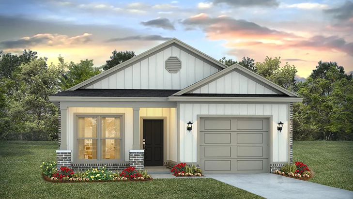 Single story rendering with garage, driveway and columns featuring the Julia A5 plan.