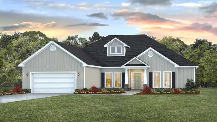 ne-story new home rendering with a brick water table and 2-car garage.