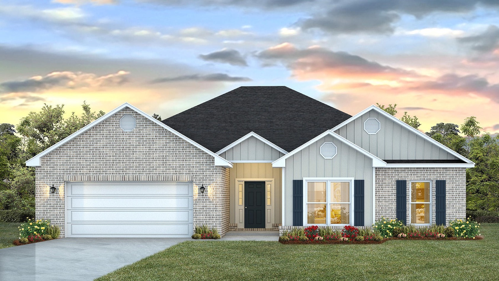 One-story new home rendering with brick and board and batten exterior and a three-car garage.