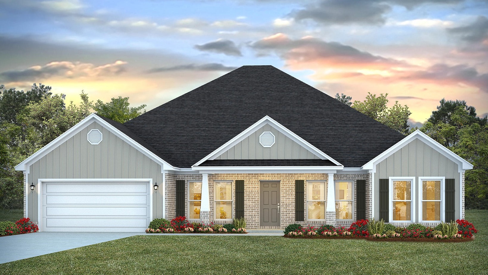 Single-story home rendering with board and batten exterior, brick accents, and a two-car garage.