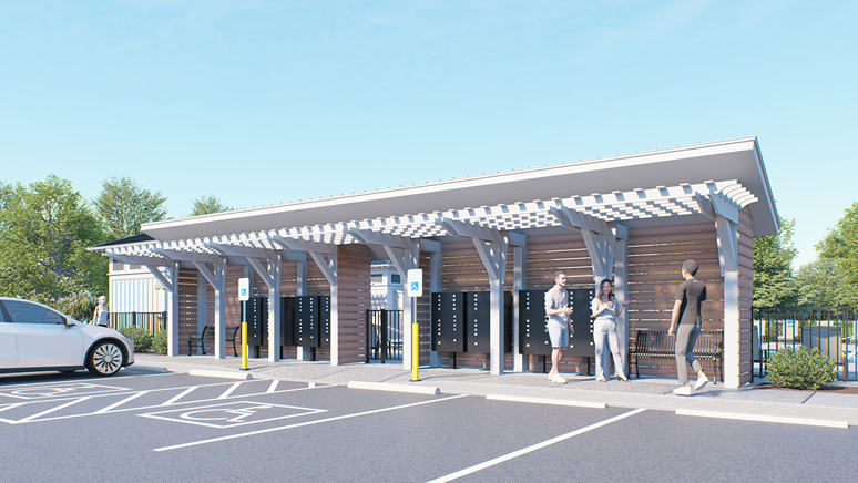 Community amenity: rendering of resort-style pool entry and mail kiosk.