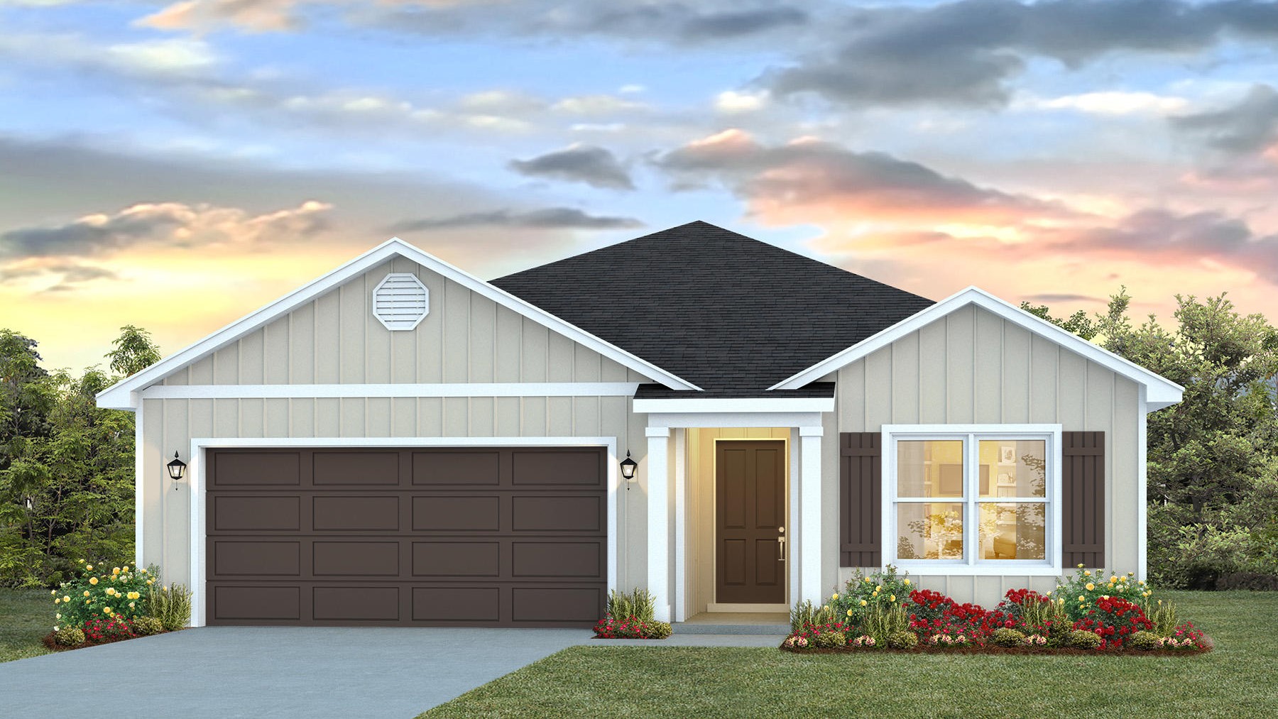 One-story home rendering with a two-car garage.