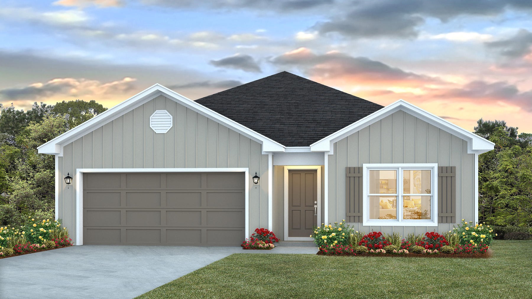 One-story new home rendering with a two-car garage.