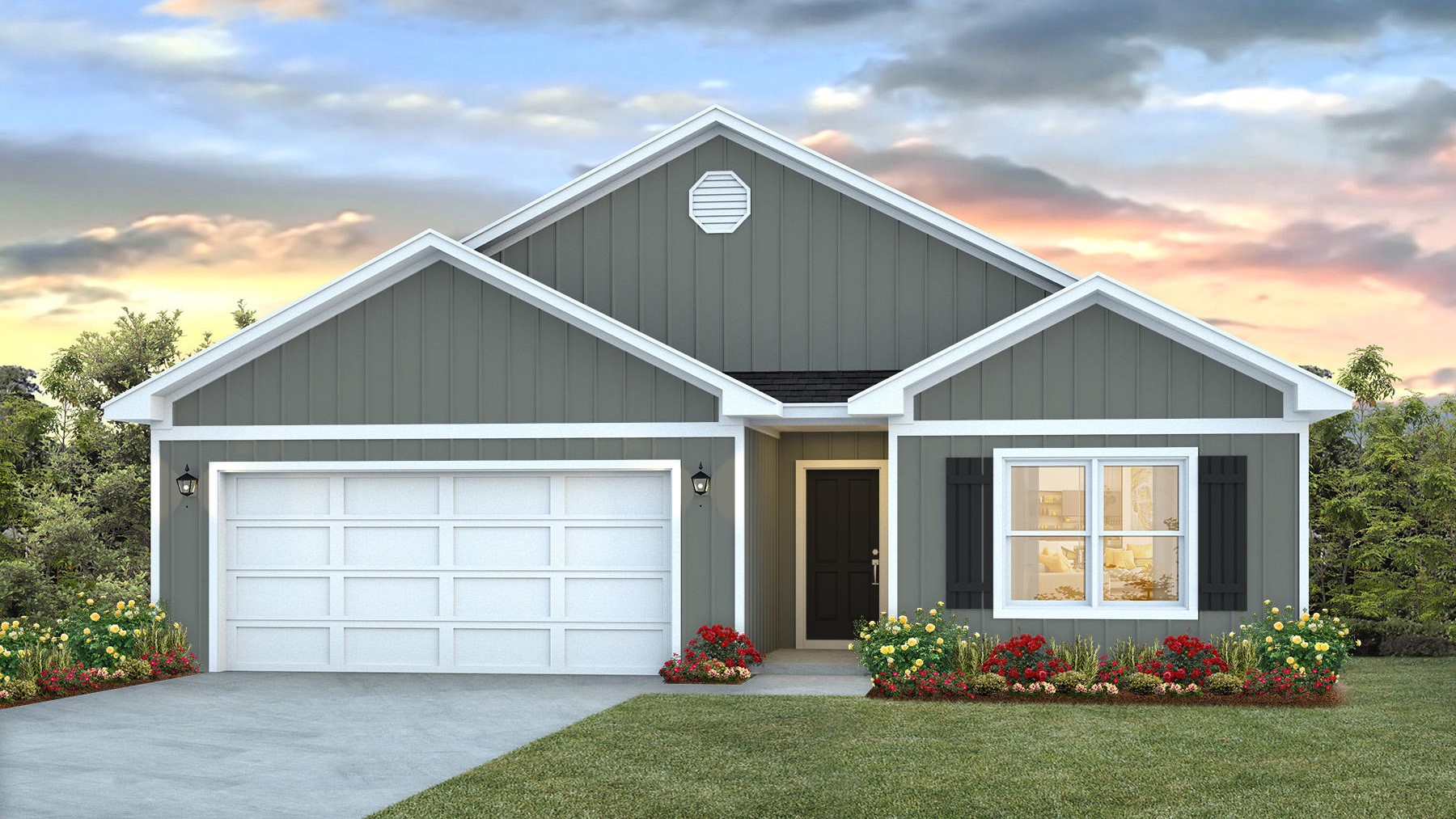 One-story new home rendering with a two-car garage.