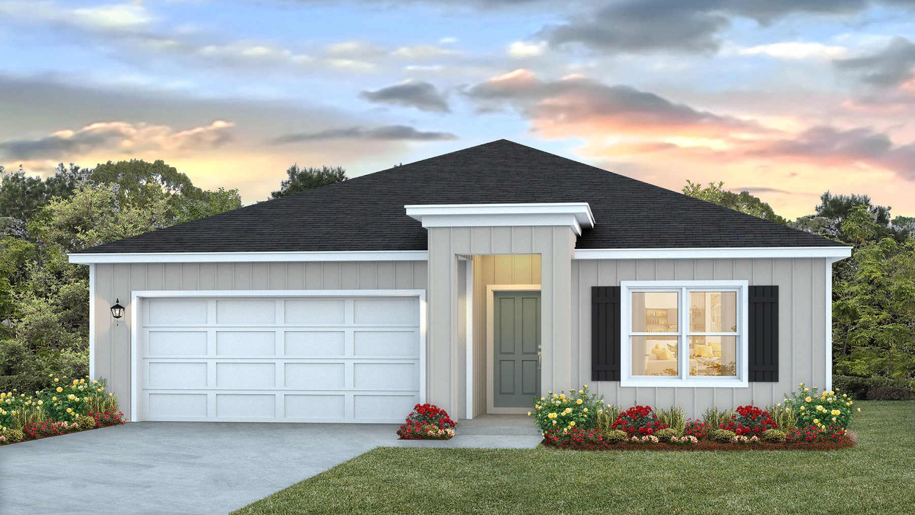 One-story new home rendering with a two-car garage.