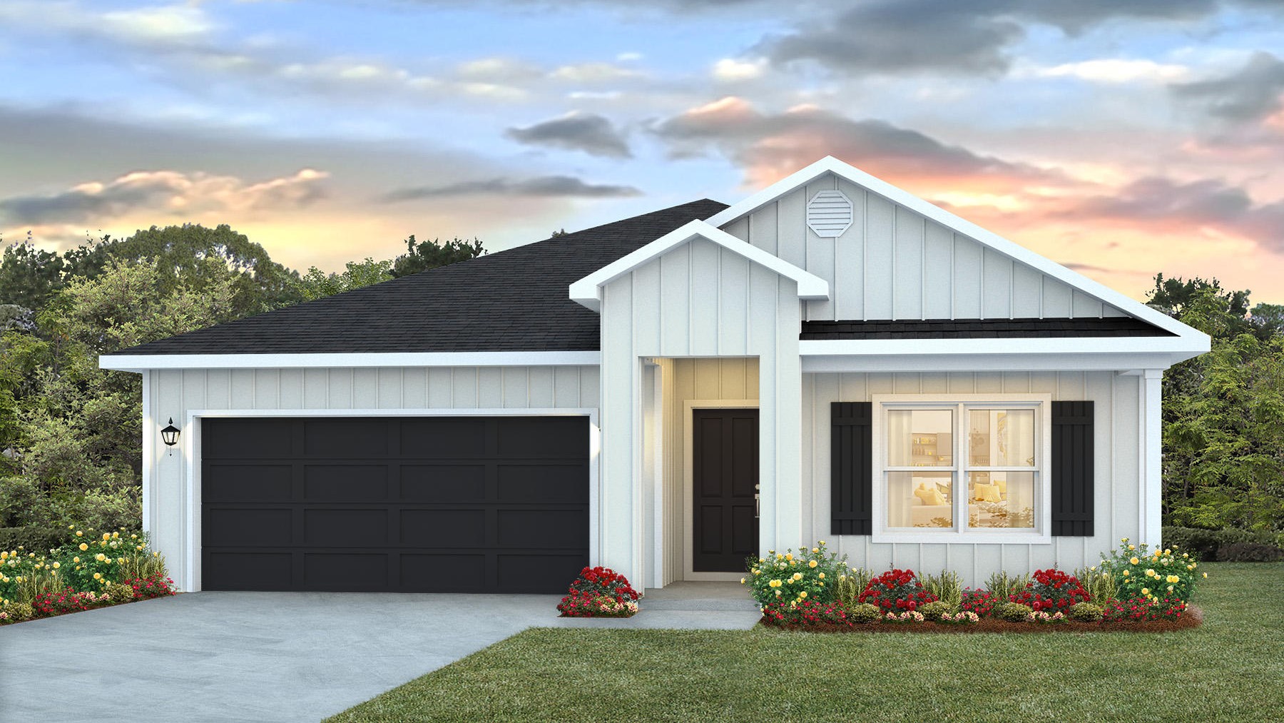 One-story new home rendering with a two-car garage.