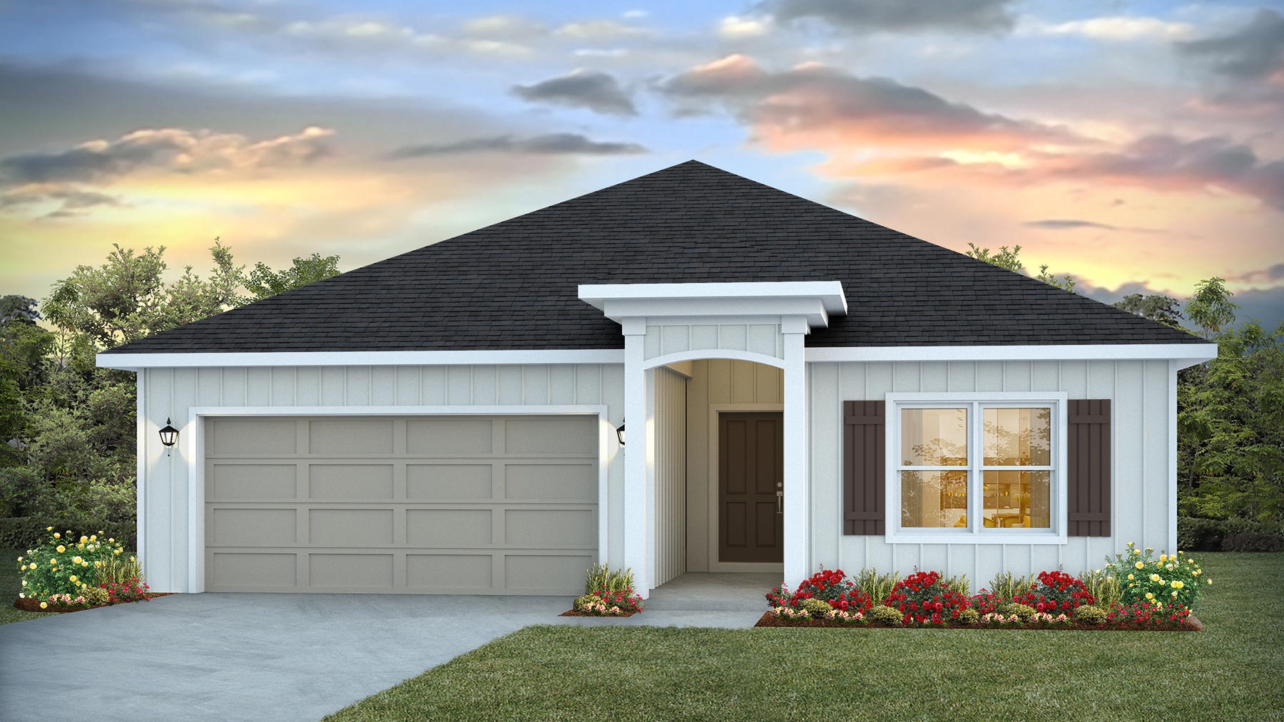 One-story new home rendering with a two-car garage.