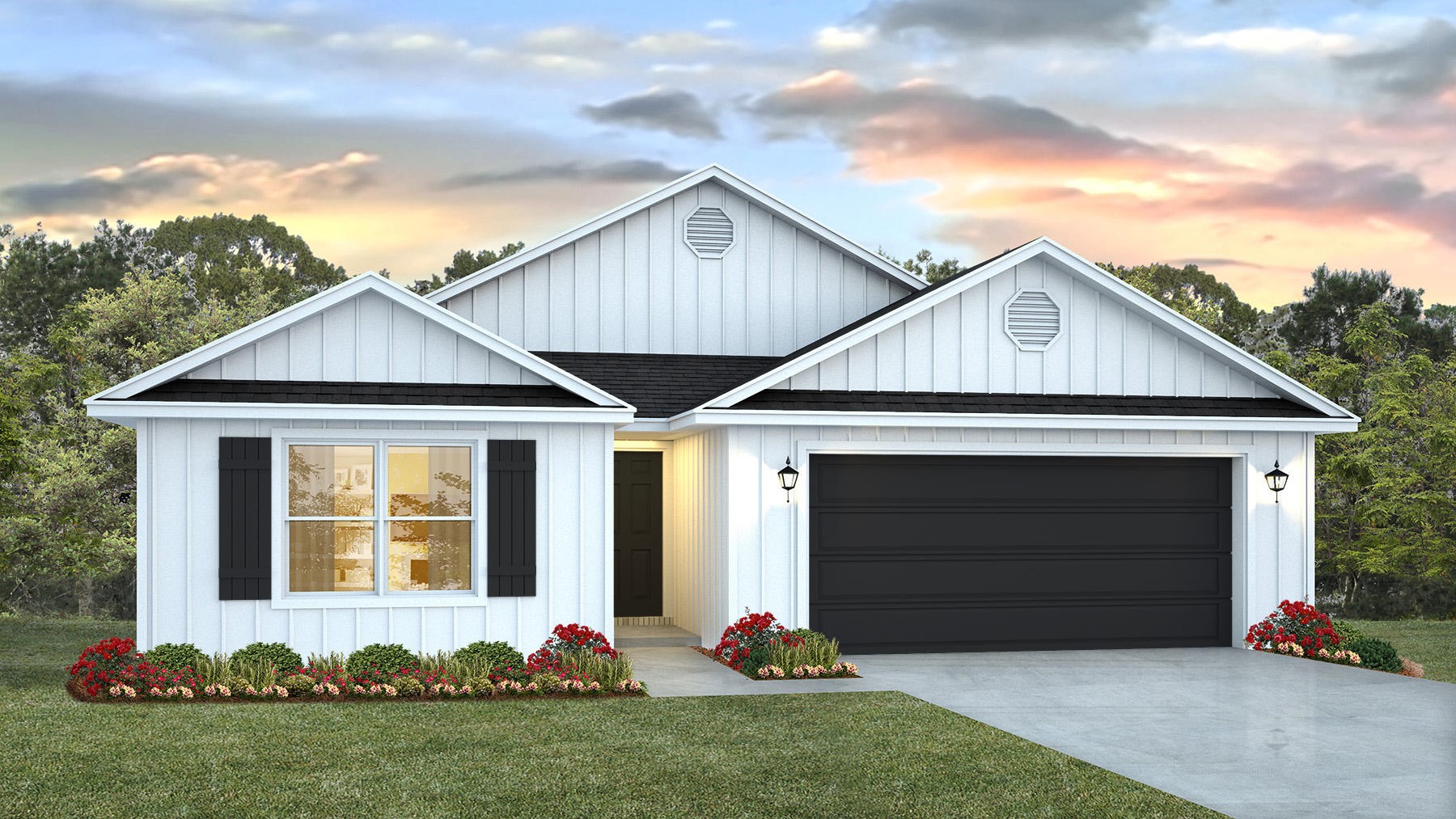 Single-story new home rendering with board and batten exterior and a two-car garage.