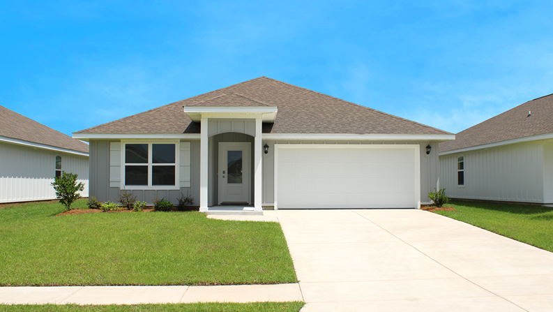 Single-story home rendering with board and batten and a 2-car garage.