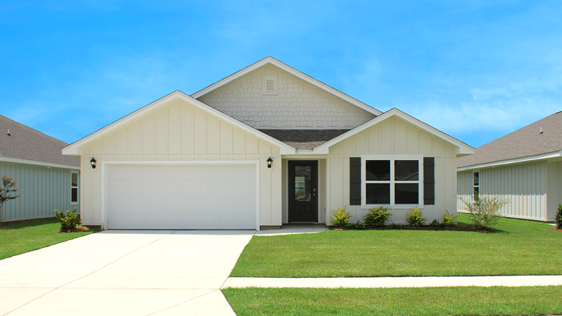 Single-story home rendering with board and batten and a 2-car garage.