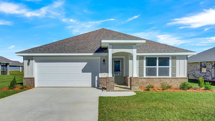 Single-story home with board and batten and a 2-car garage.