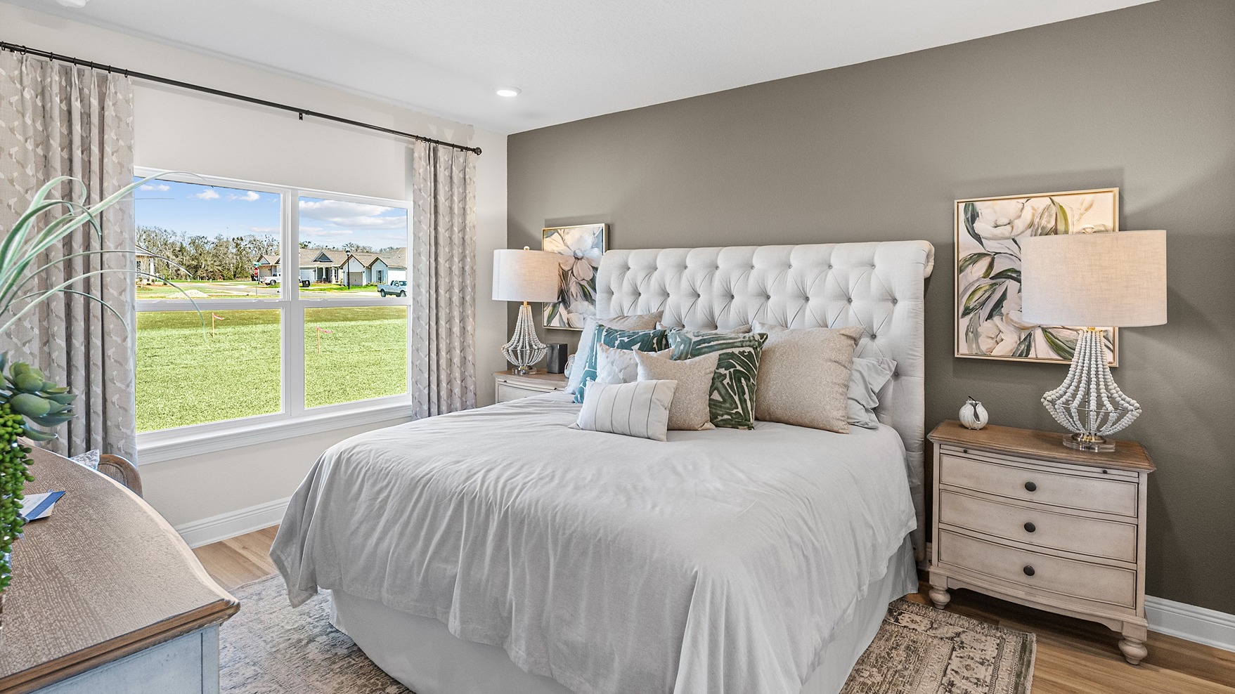 Open-concept interior of primary bedroom.