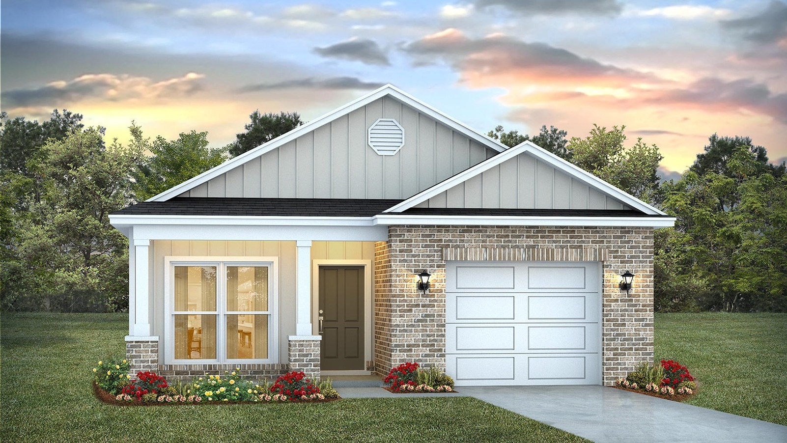 Single-story home with a covered front porch, board and batten with brick exterior, and a single car garage.