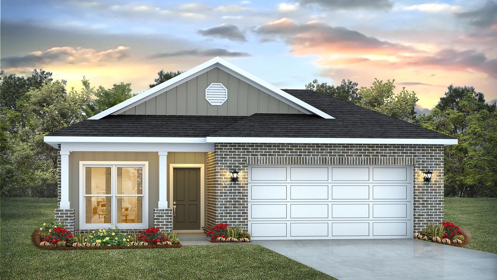 Single-story home with a covered front porch, board and batten with brick exterior, and a two-car garage.