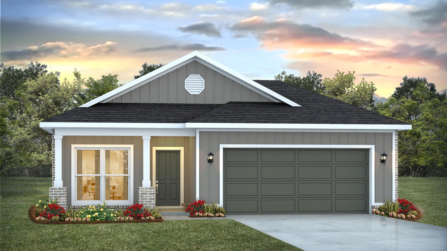 Single-story home with a covered front porch, board and batten with brick exterior, and a two-car garage.