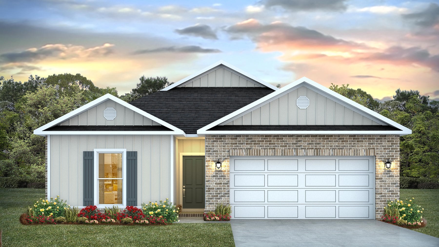 Single-story home rendering with board and batten exterior, brick accents, and a two-car garage.