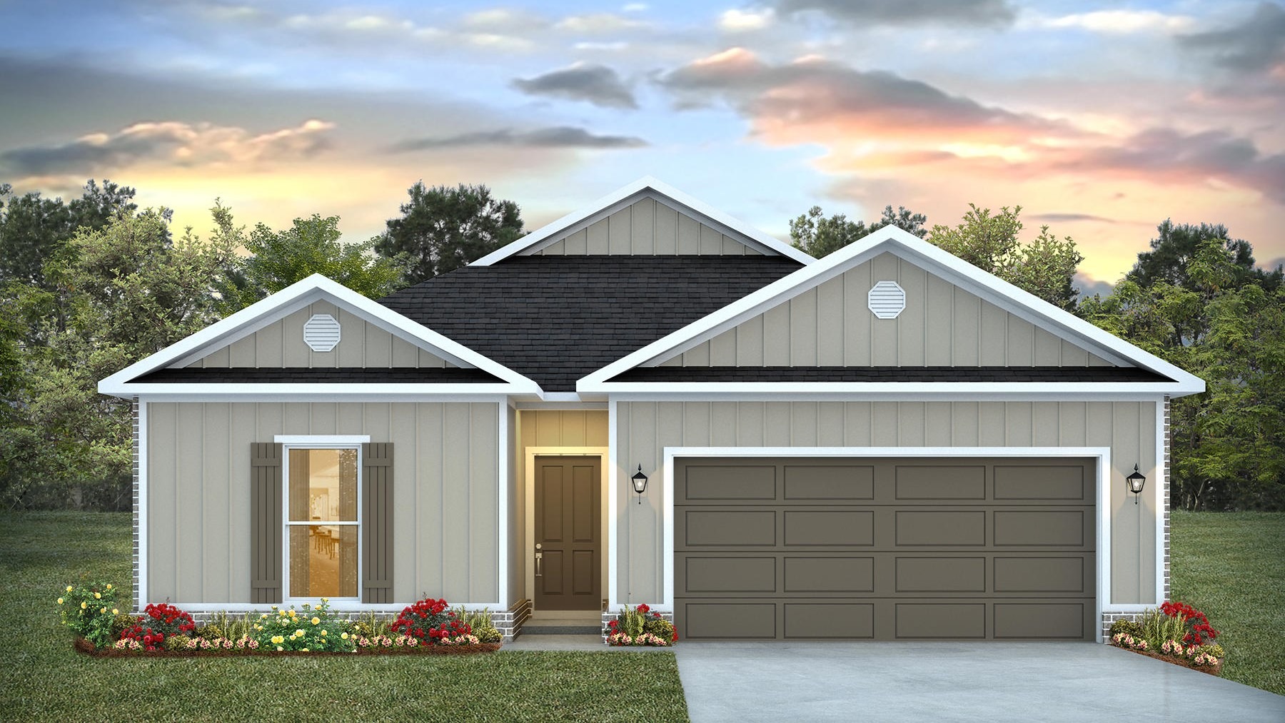 Single-story home rendering with board and batten exterior, brick accents, and a two-car garage.