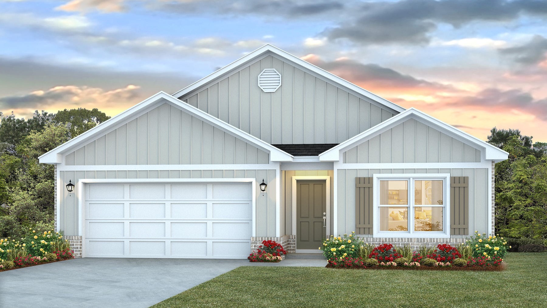One-story home rendering with a two-car garage.