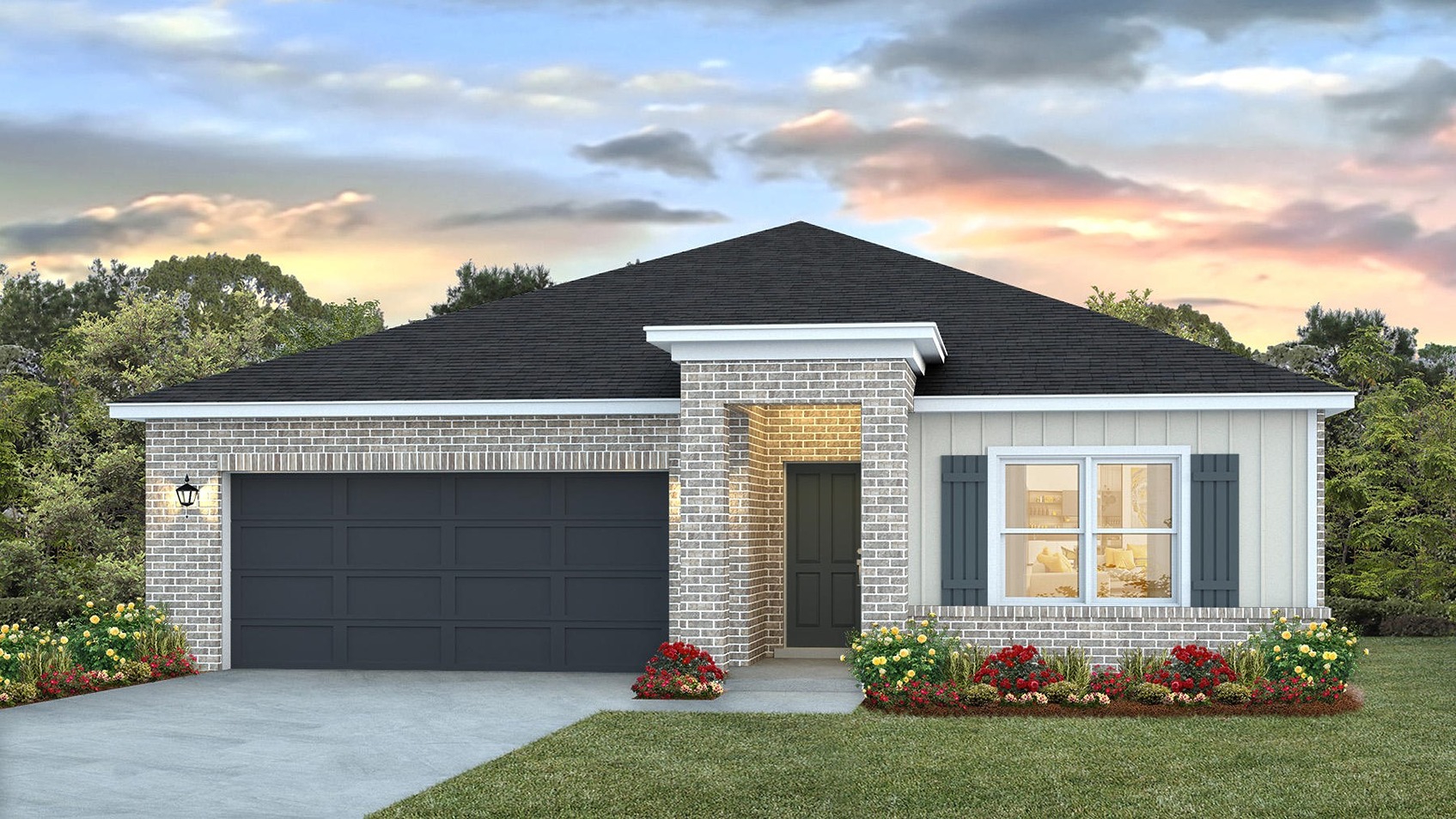 One-story home rendering with a two-car garage.