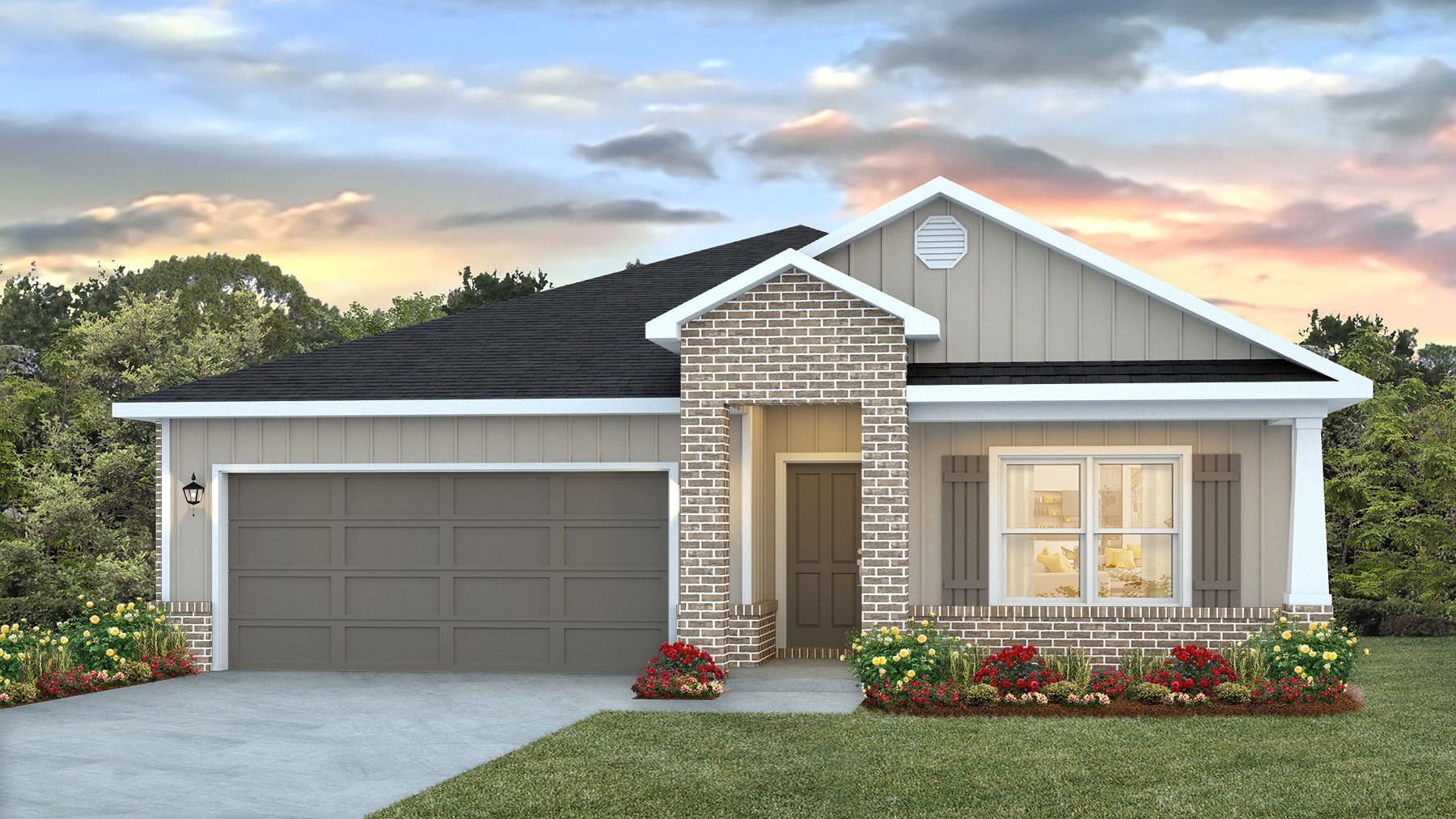 One-story home rendering with a two-car garage.