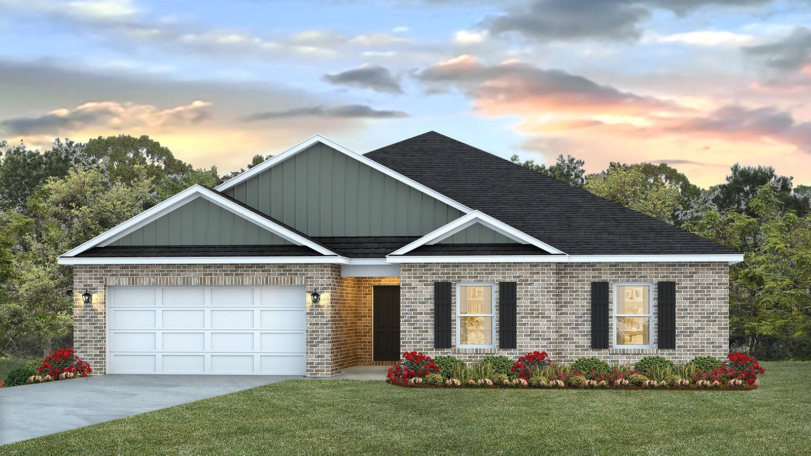 Single-story home rendering with a two-car garage.