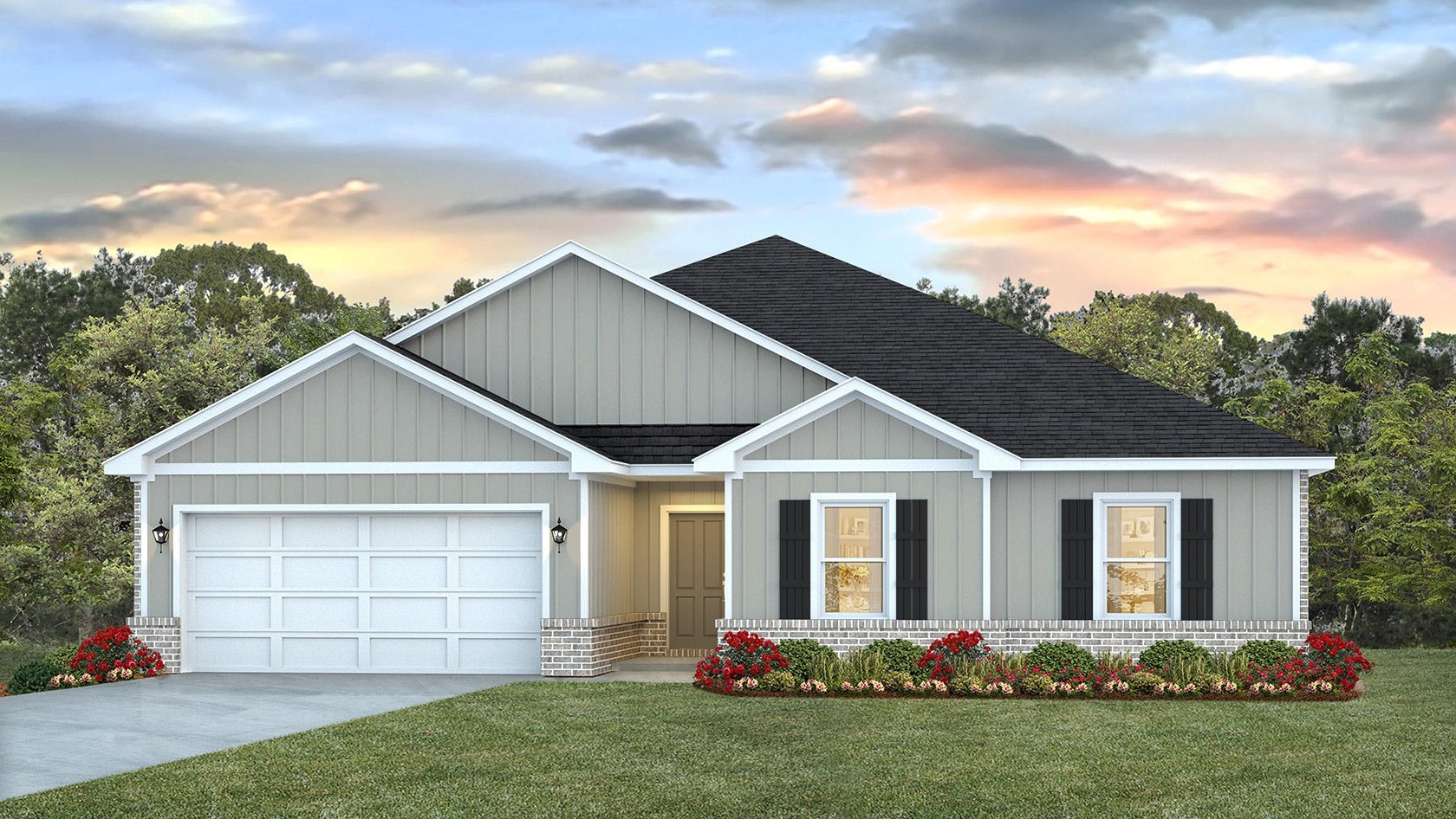 Single-story home rendering with a two-car garage.