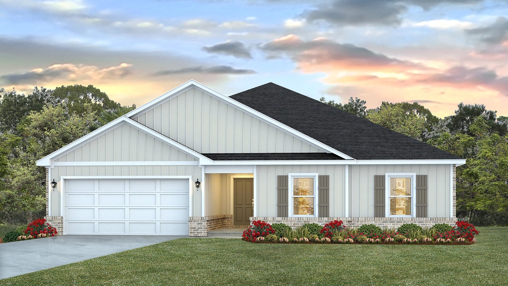 Single-story home rendering with a two-car garage.