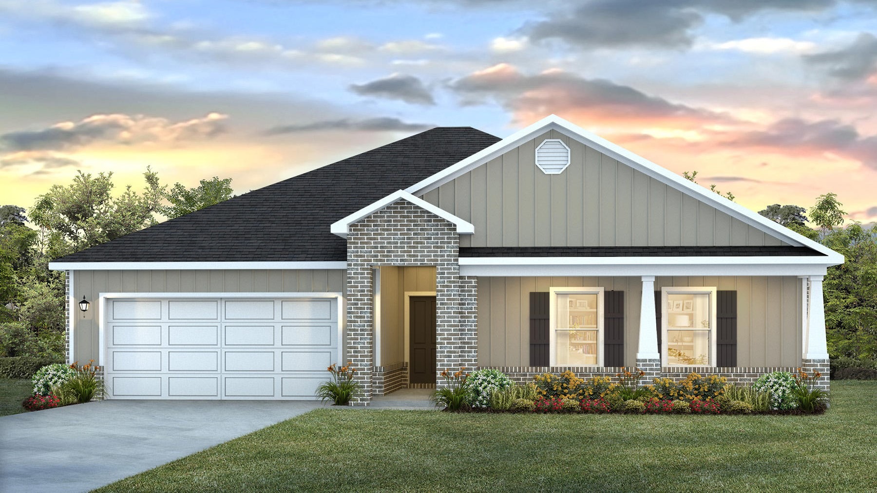 One-story home rendering with board and batten and brick exterior and a 2-car garage.