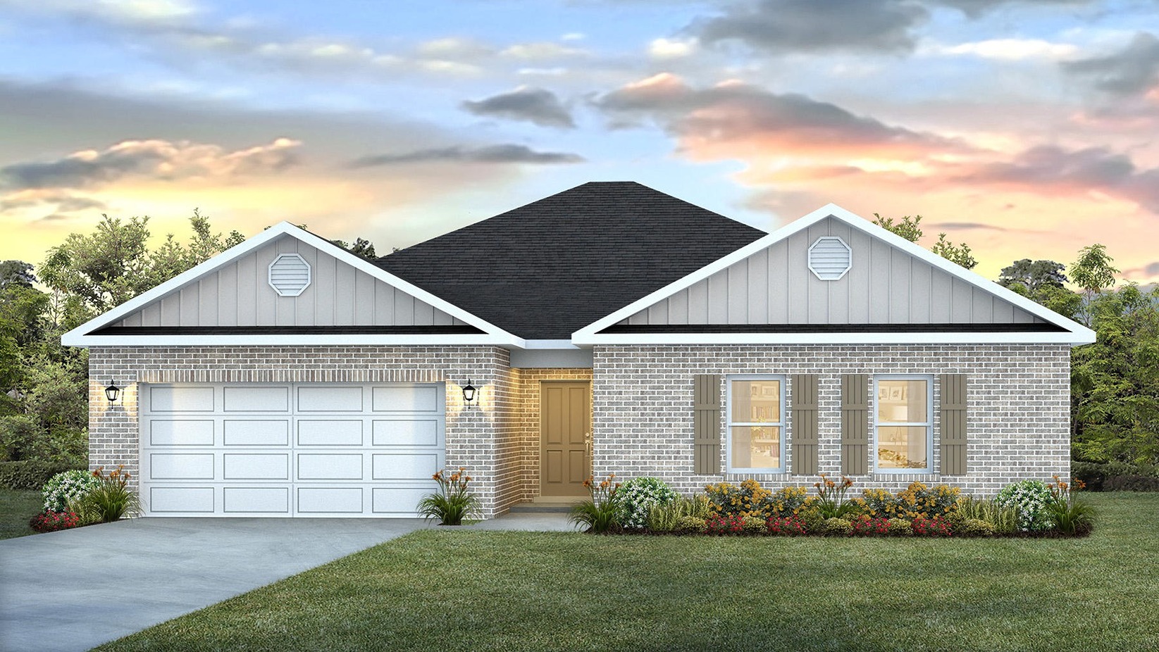 One-story home rendering with board and batten and brick exterior and a 2-car garage.
