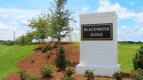 Community entrance monument with landscaping.