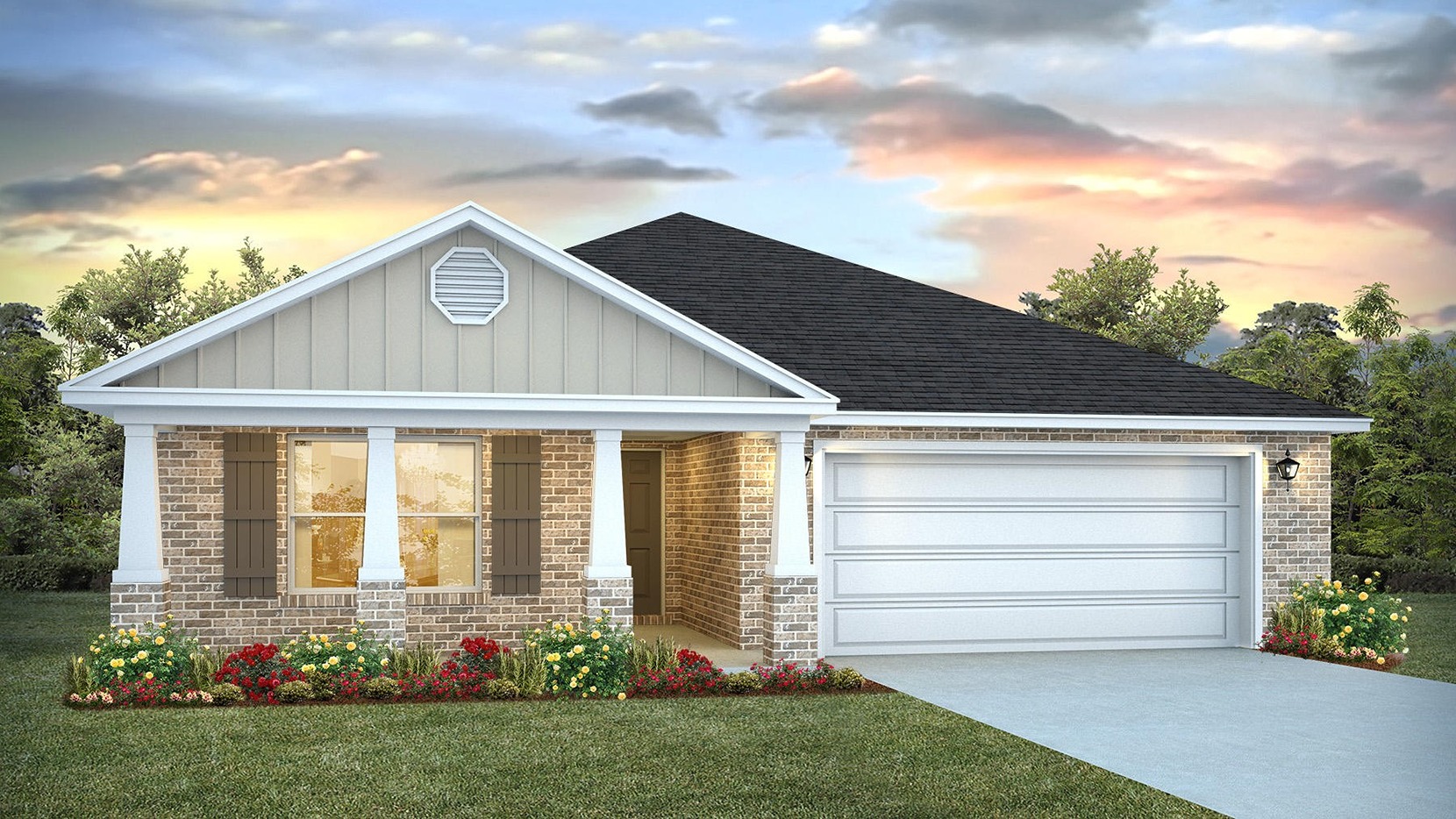 One-story home rendering with a covered front porch and two-car garage.