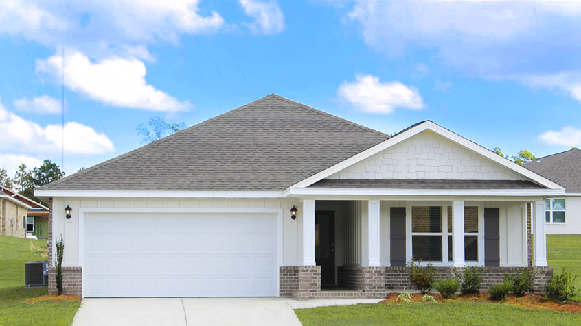 Single-story board and batten and brick home with a covered front porch and 2-car garage.