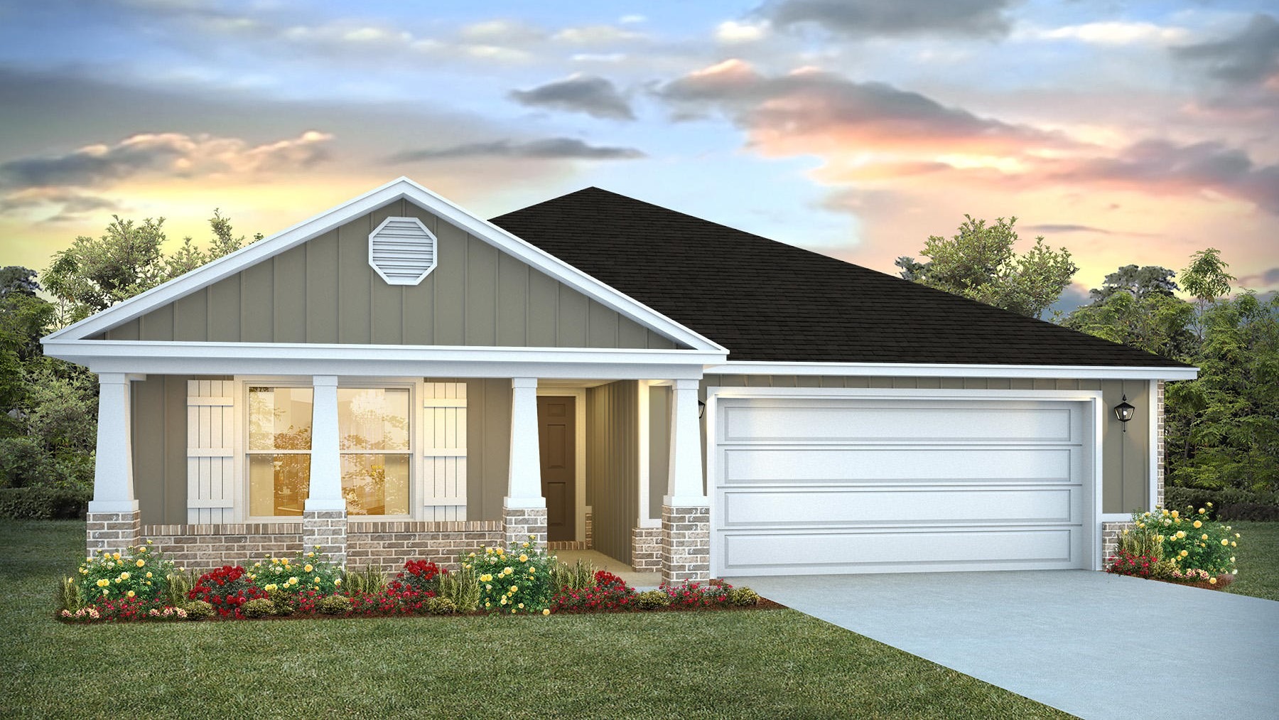One-story home rendering with a covered front porch and two-car garage.
