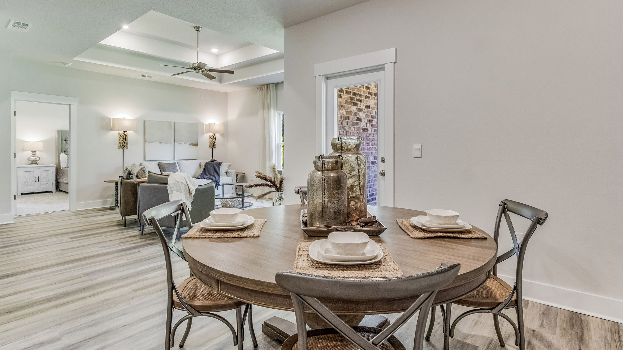 Open concept Rhett floorplan dining space and living room.
