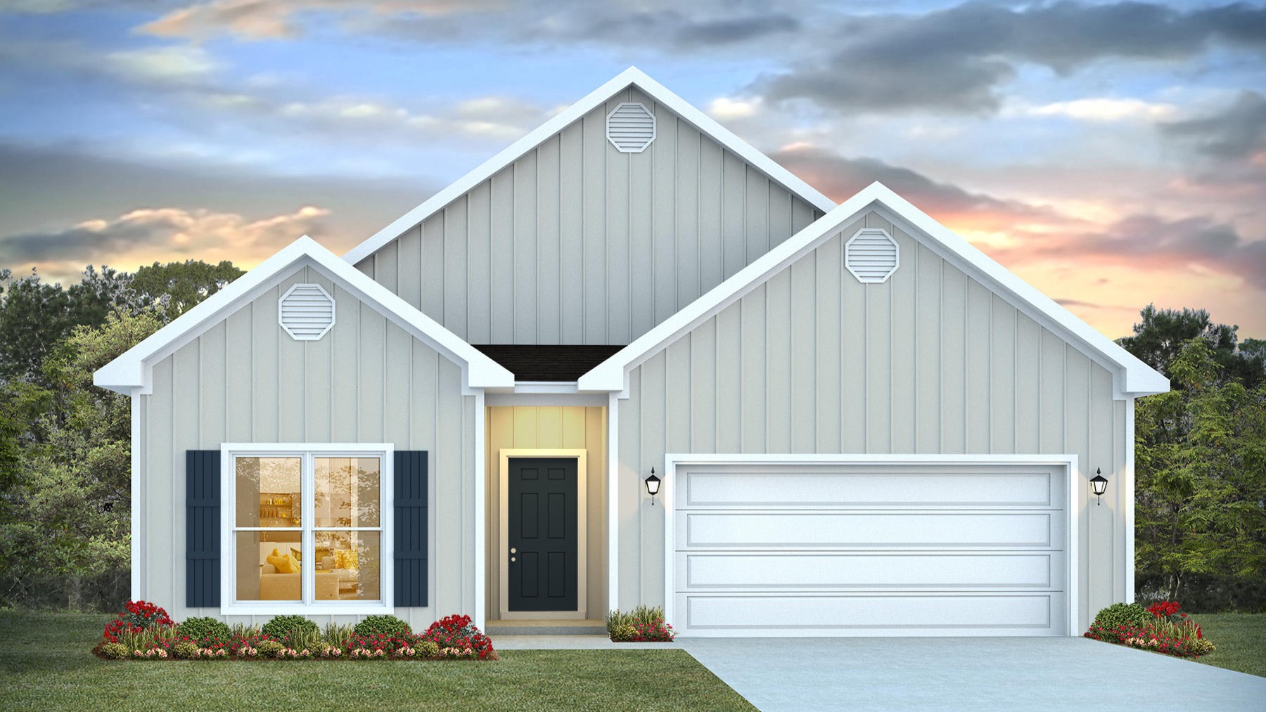 Single-story new home rendering with a two-car garage.