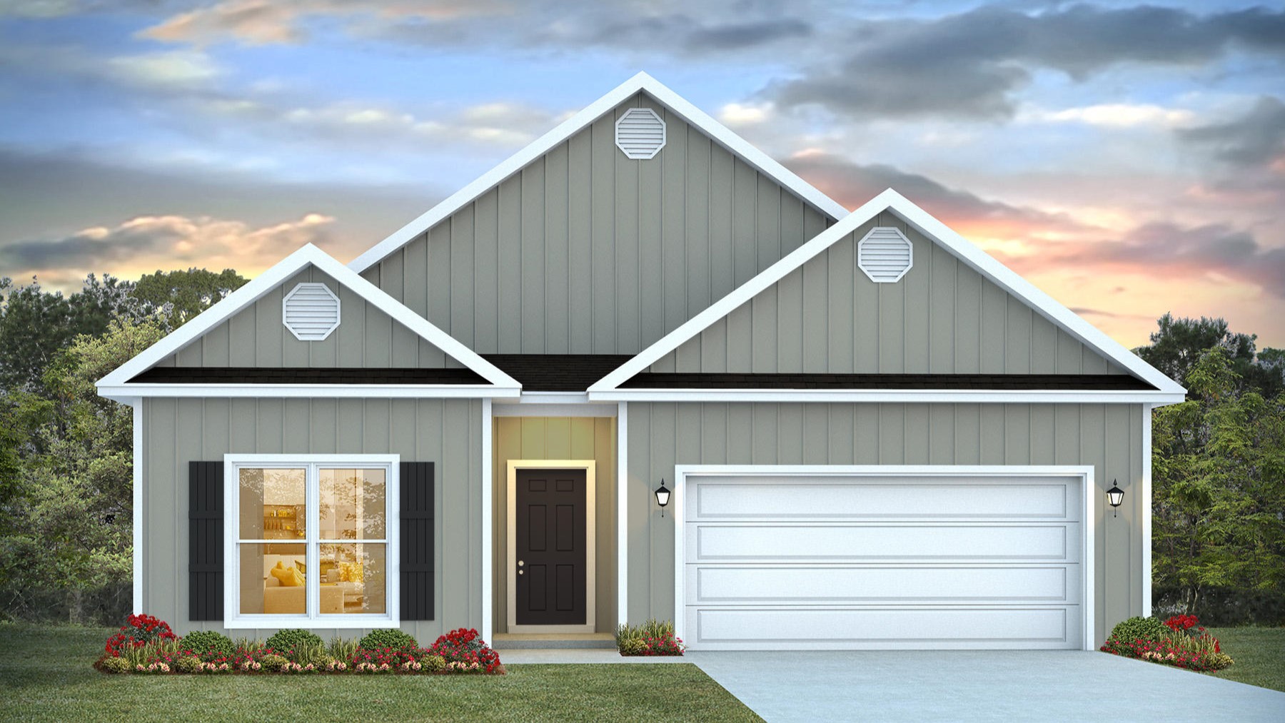 Single-story new home rendering with a two-car garage.